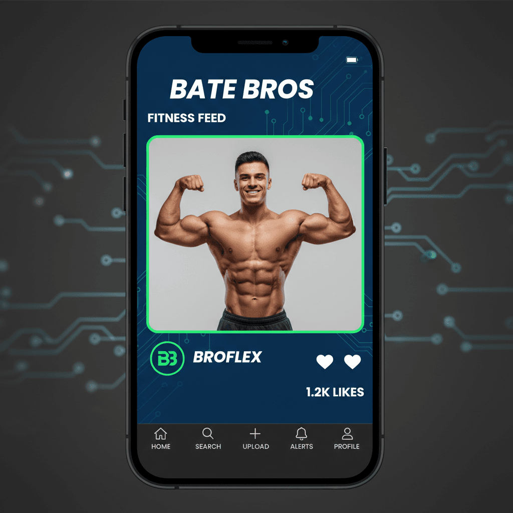 Smartphone screen showing Bate Bros app with video of muscular man flexing