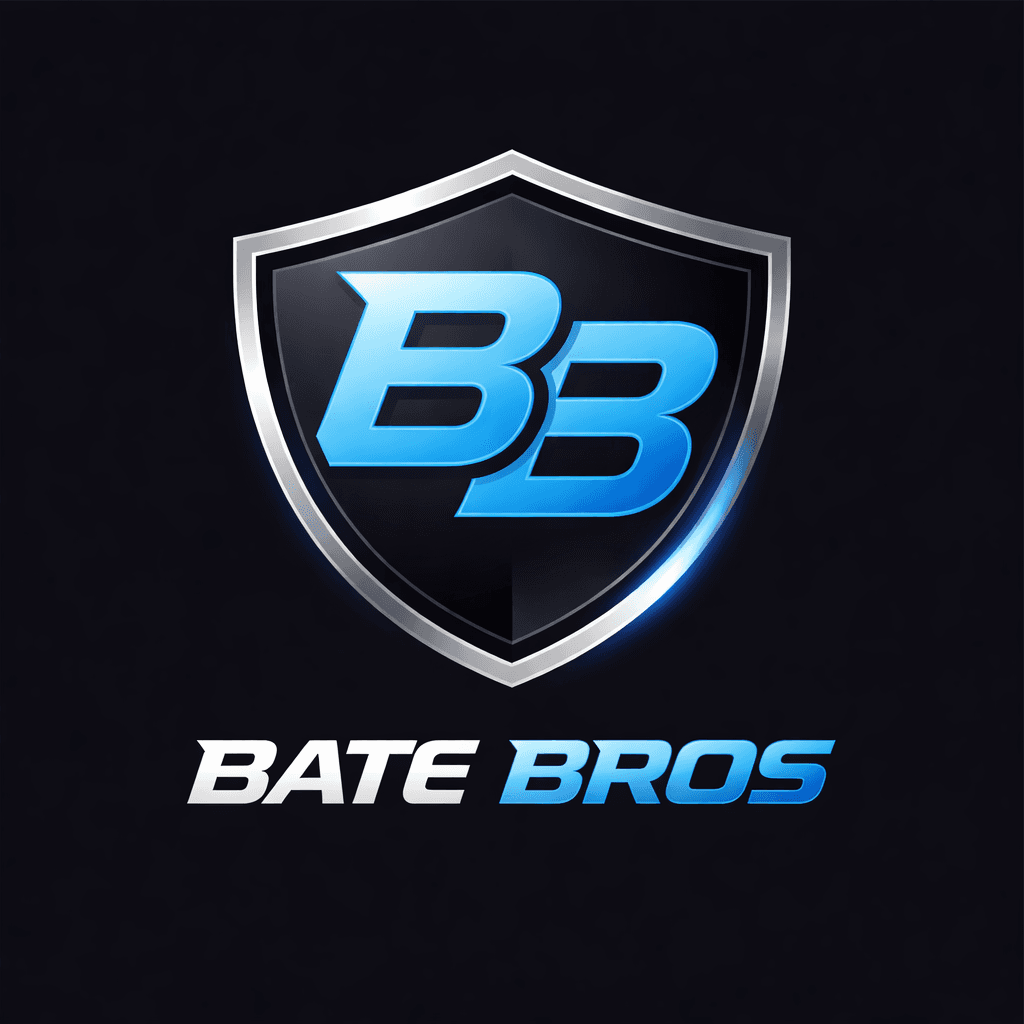 Modern silver shield logo featuring blue overlapping BB initials above BATE BROS text on black.