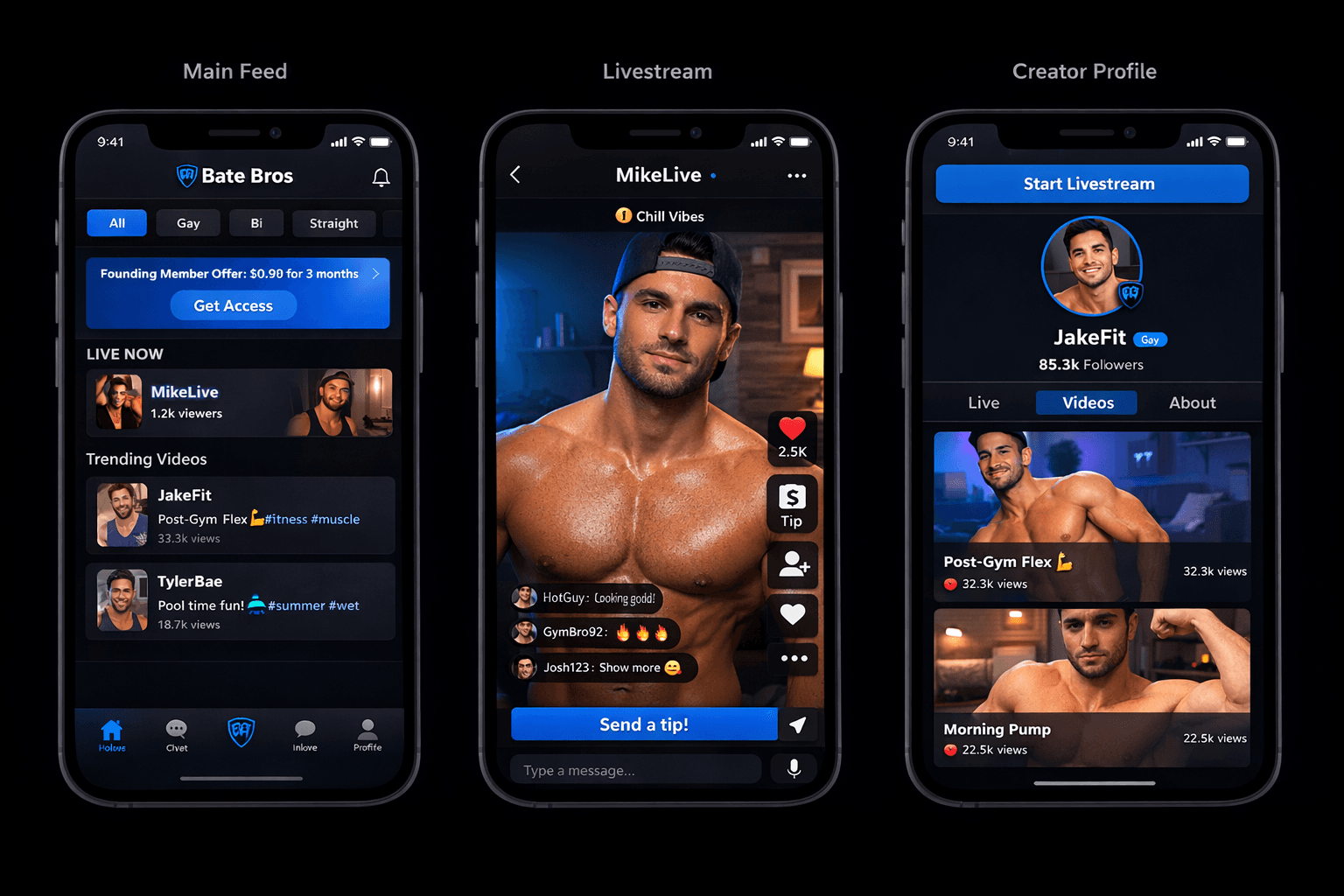 Three smartphone screens showing the Bate Bros social media app's feed, livestream, and creator profile.